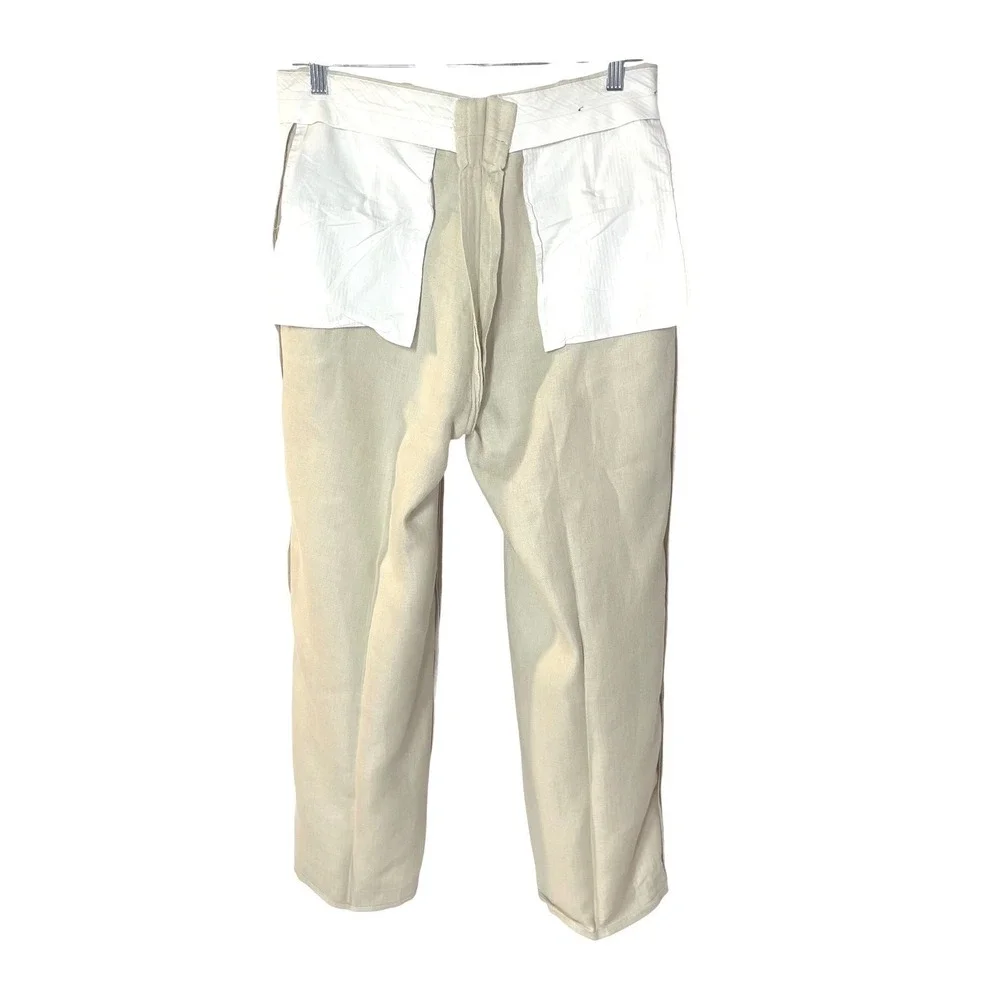 Harold Powell Mens 33x28 Beige 100% Linen Herringbone Pleated Cuffed Pants Italy